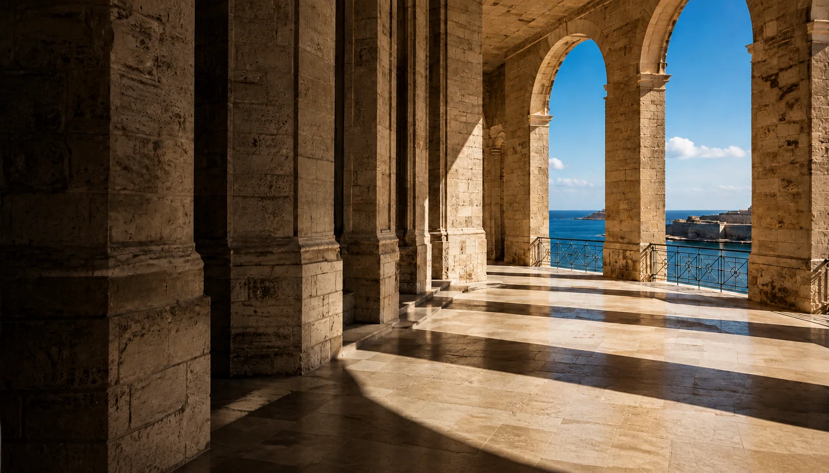 Illustrative Mediterranean stone colonnade overlooking the sea