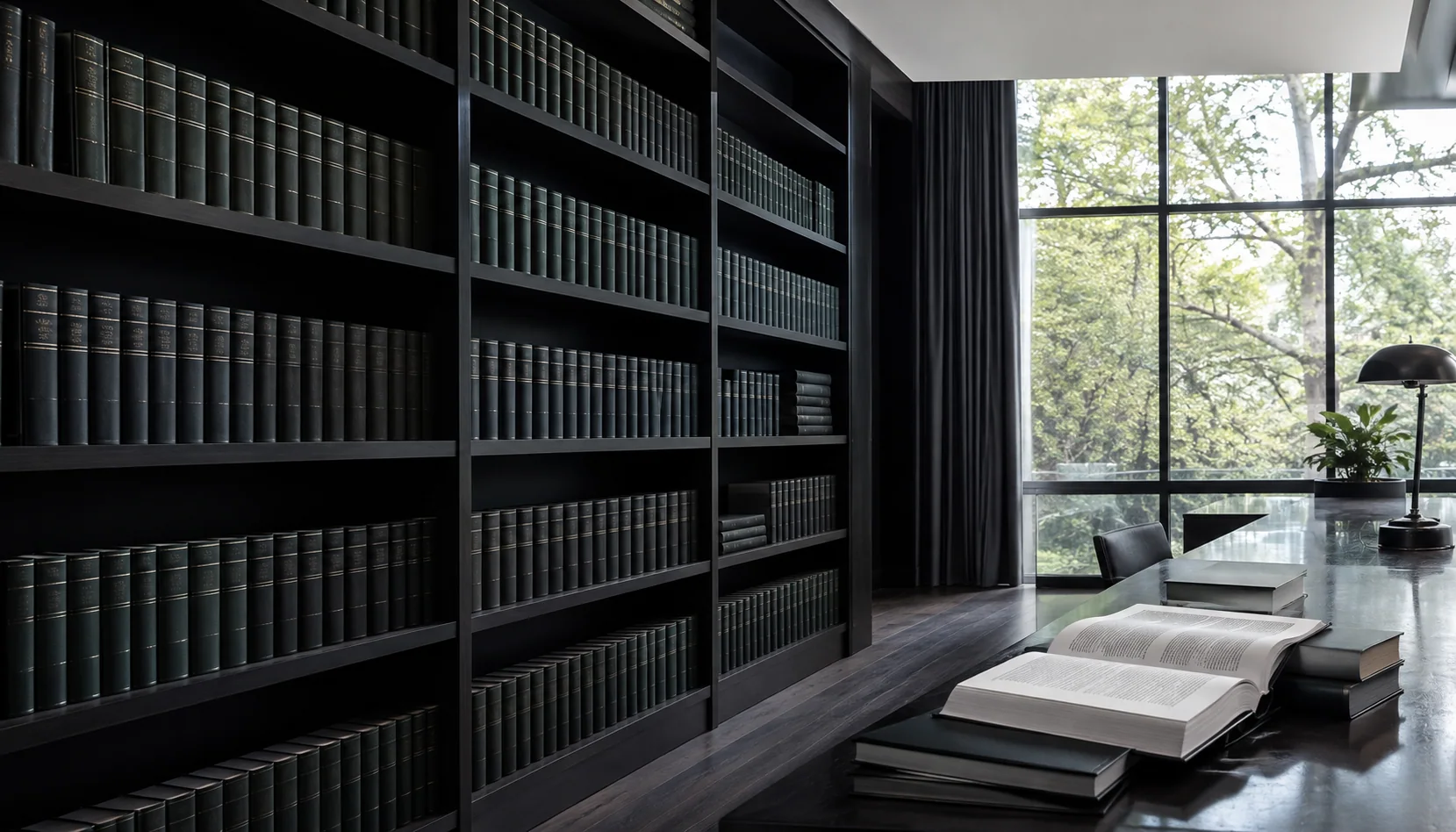 Illustrative law library with open reference books